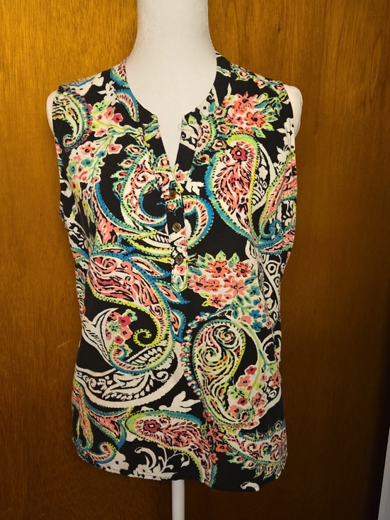 Caribbean Joe Tops - Caribbean Joe Black Paisley Print Sleeveless Henley Tank